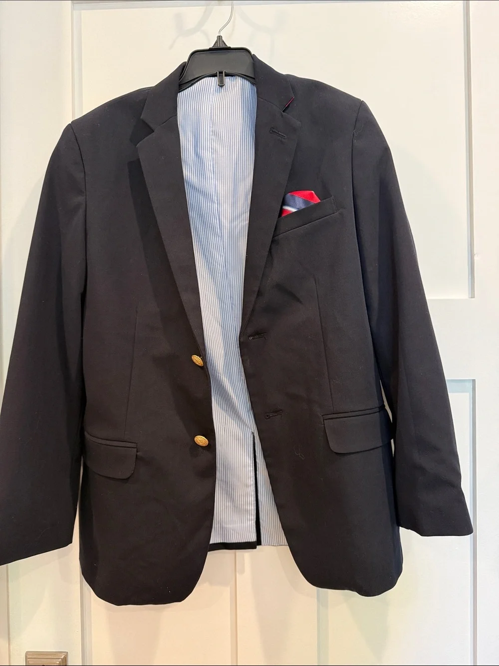Izod Boys' Navy Blazer with Gold Buttons and Pocket Square